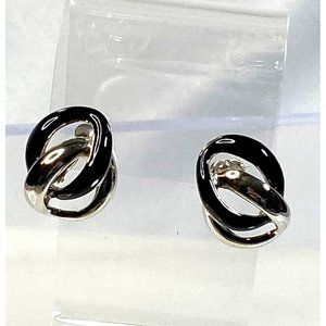 Napier Earrings Screw Back Silver tone Black Enamel 1 inch